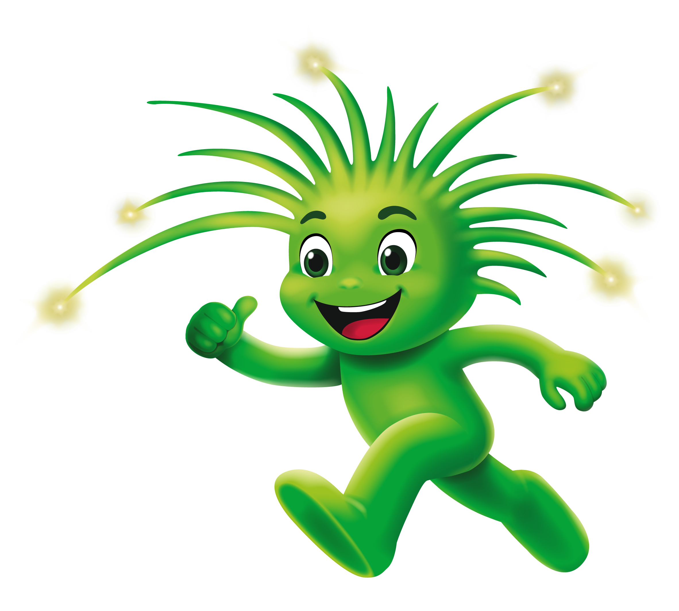 Fibi, das grüne Glasfaser-Maskottchen, läuft mit erhobenem Daumen